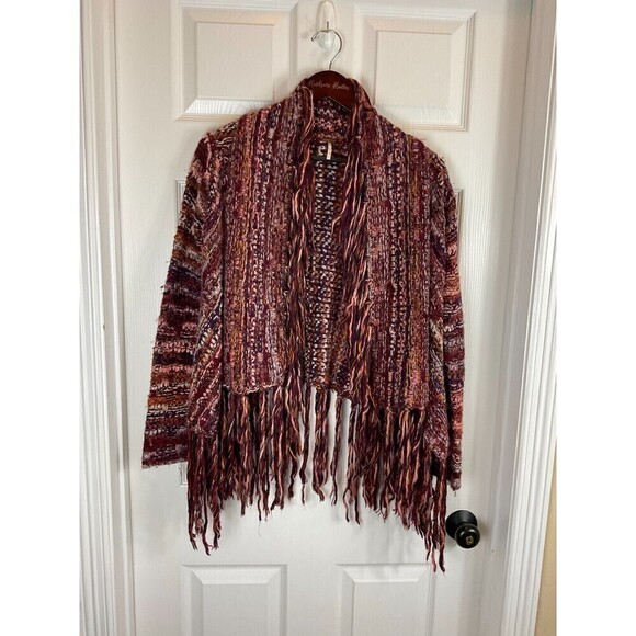 Free People Birkenstock Red Cardigan S Boho Chunky Fringe Wool Alpaca Sweater N3 - Picture 6 of 12